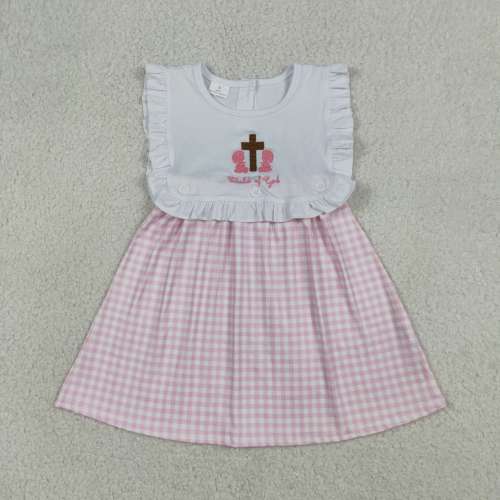 GSD3201  RTS Pink plaid cross child of god embroidery sleeveless dress