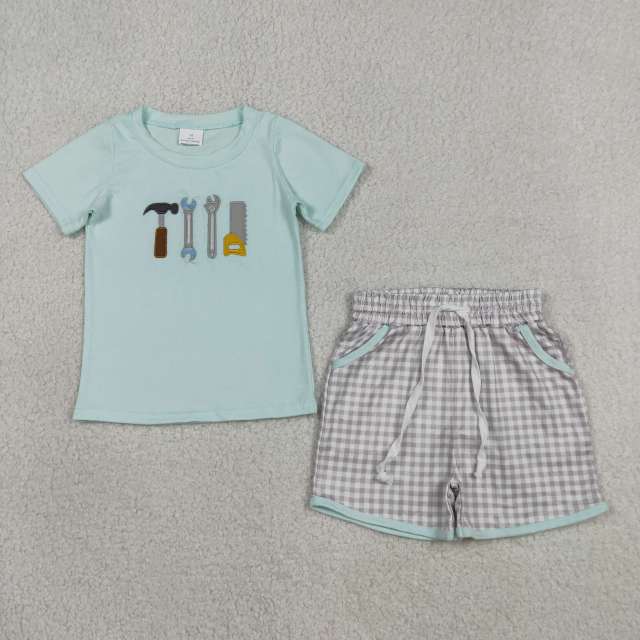 BSSO0617 RTS Blue cars embroidery short sleeve boy outfits