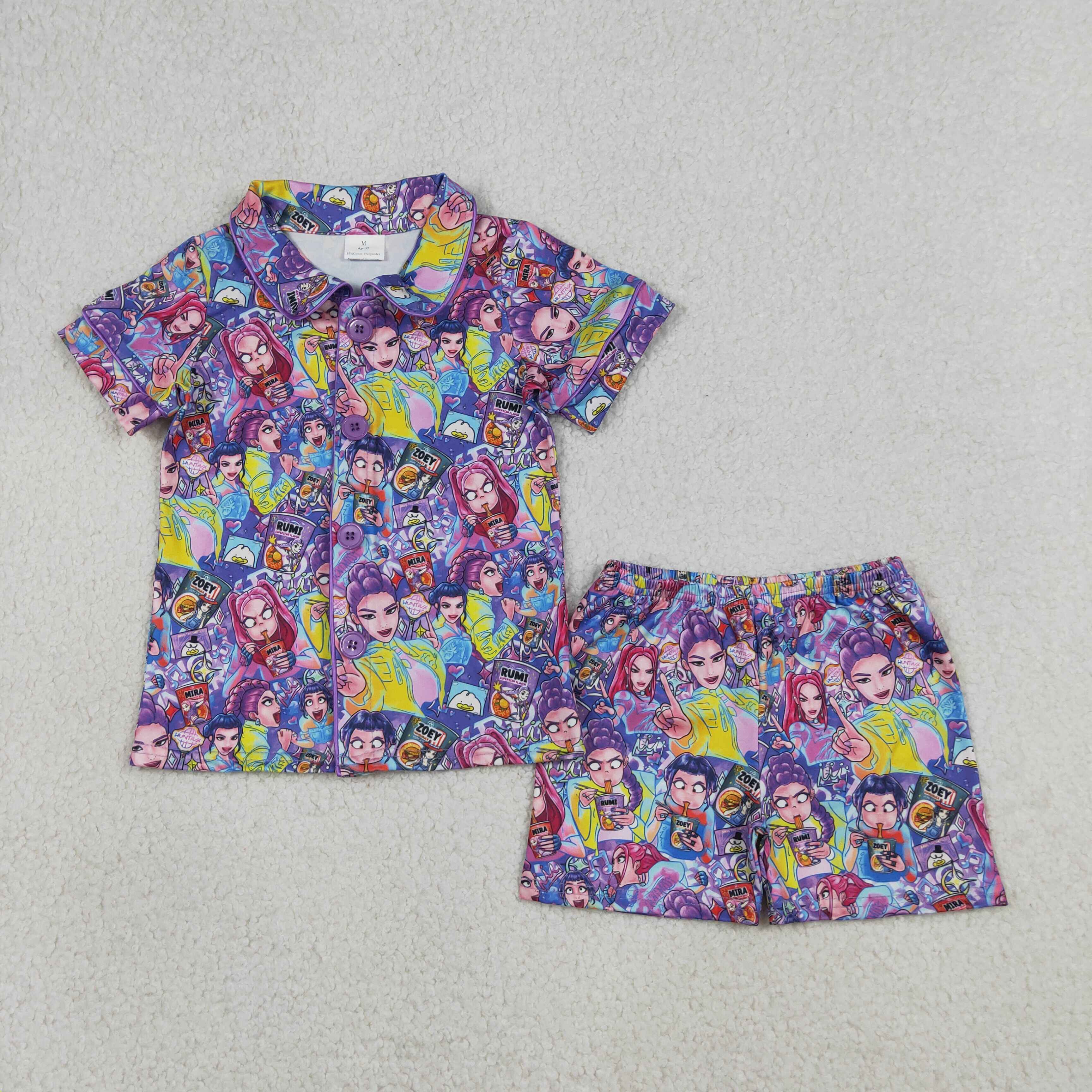 GSSO3087  RTS Purple kpop print  short sleeve girl pajamas outfits