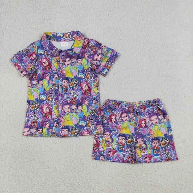 GSSO3087  RTS Purple kpop print  short sleeve girl pajamas outfits
