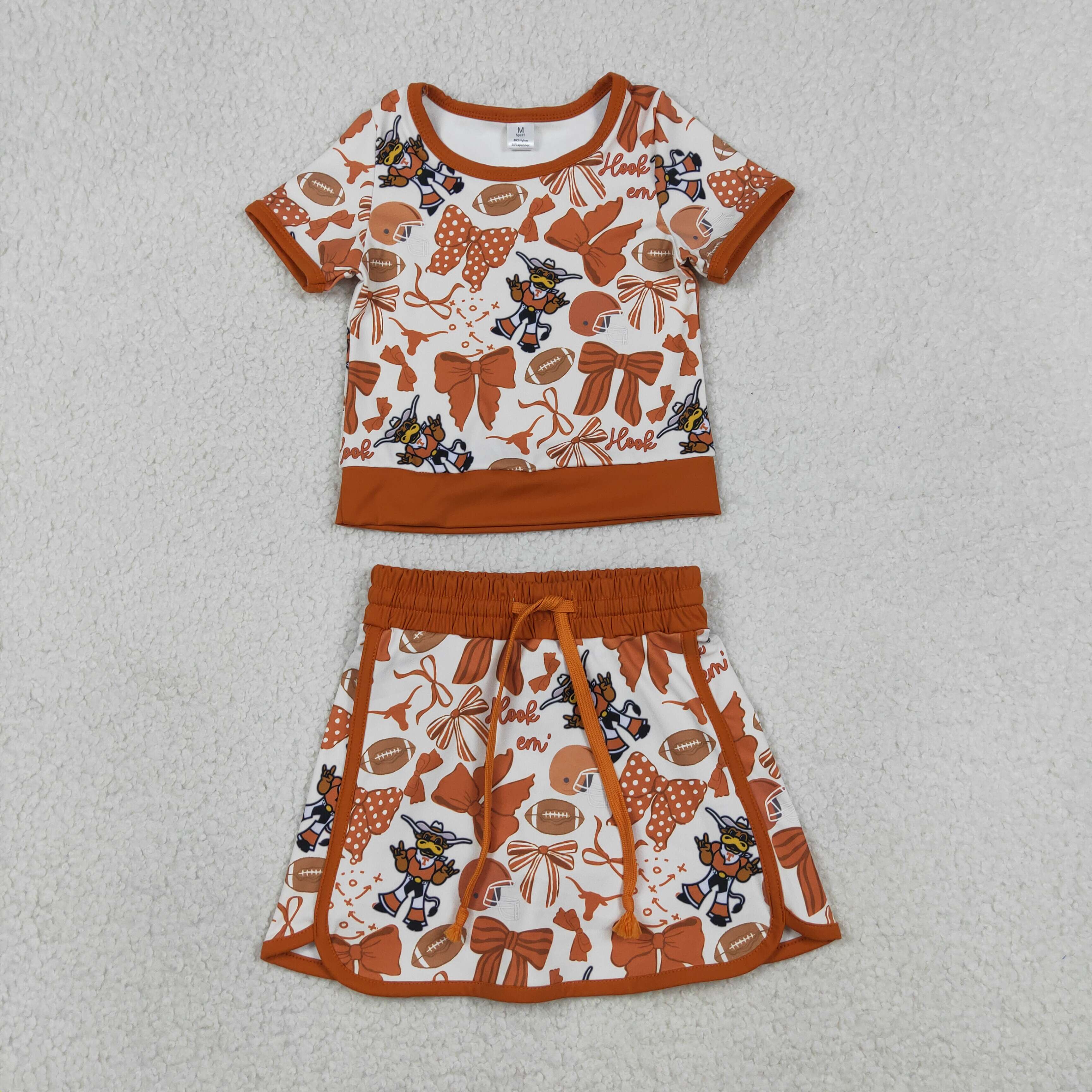GSD3697 RTS orange bows team baseball girl yoga short sleeve skirt set