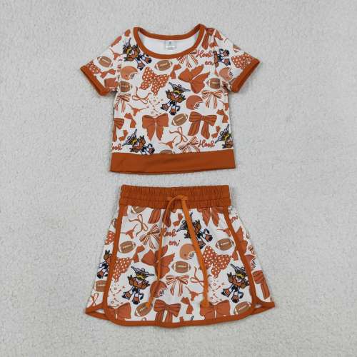 GSD3697 RTS orange bows team baseball girl yoga short sleeve skirt set