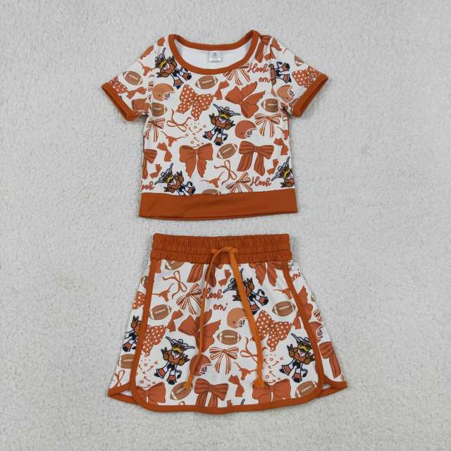 GSD3697 RTS orange bows team baseball girl yoga short sleeve skirt set