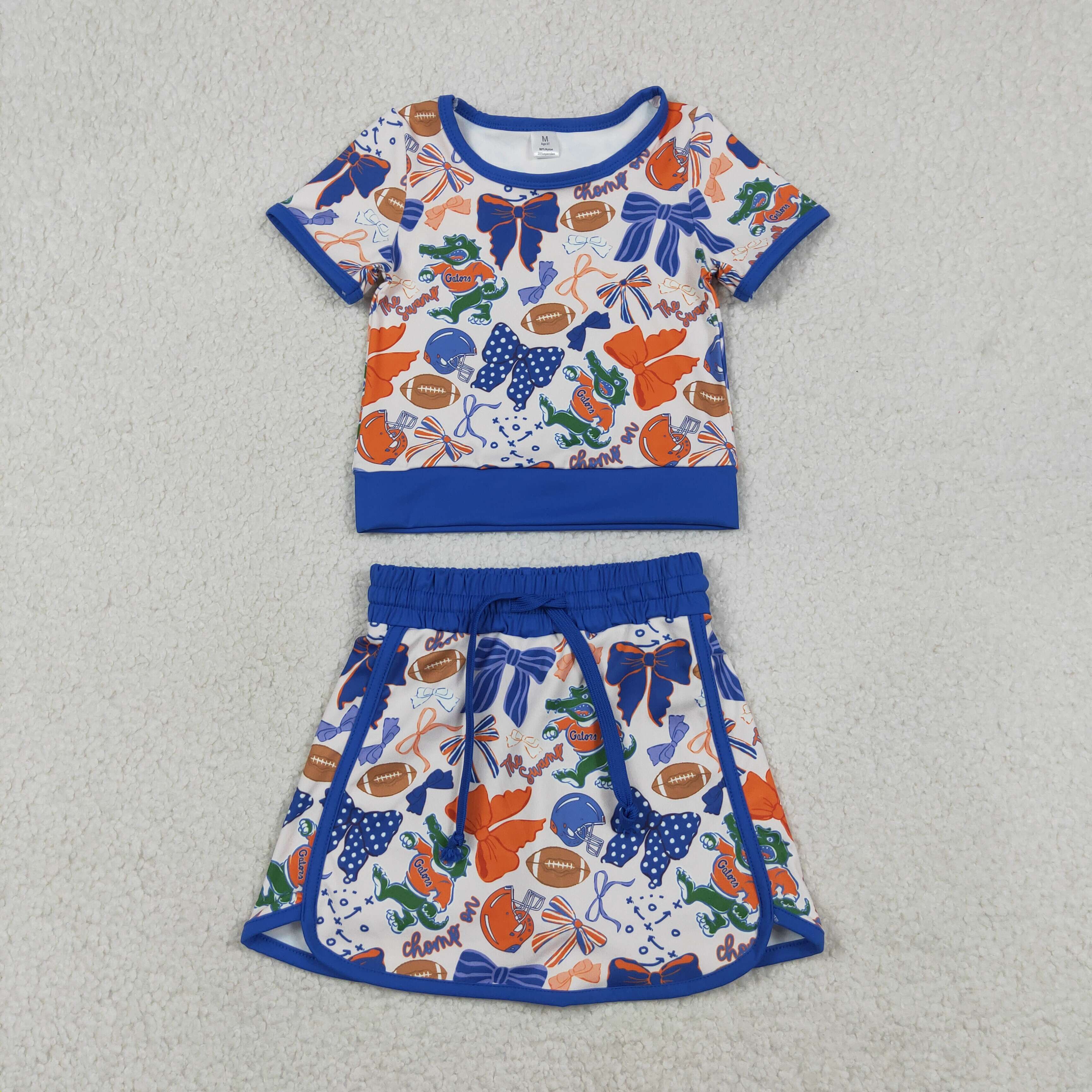 GSD3698  RTS blue bows team baseball girl yoga short sleeve skirt set