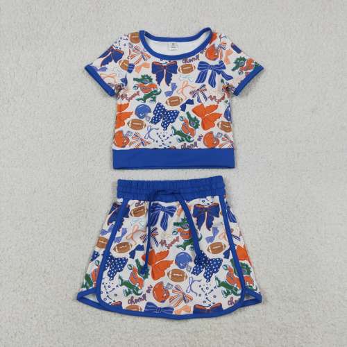 GSD3698  RTS blue bows team baseball girl yoga short sleeve skirt set