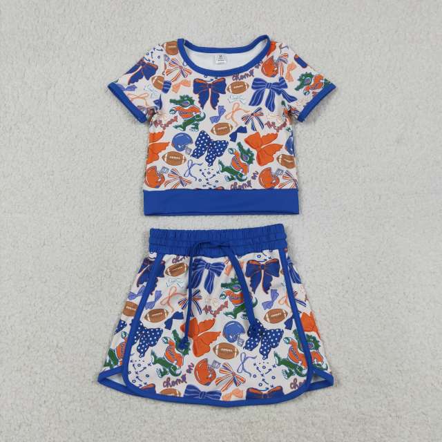 GSD3698  RTS blue bows team baseball girl yoga short sleeve skirt set