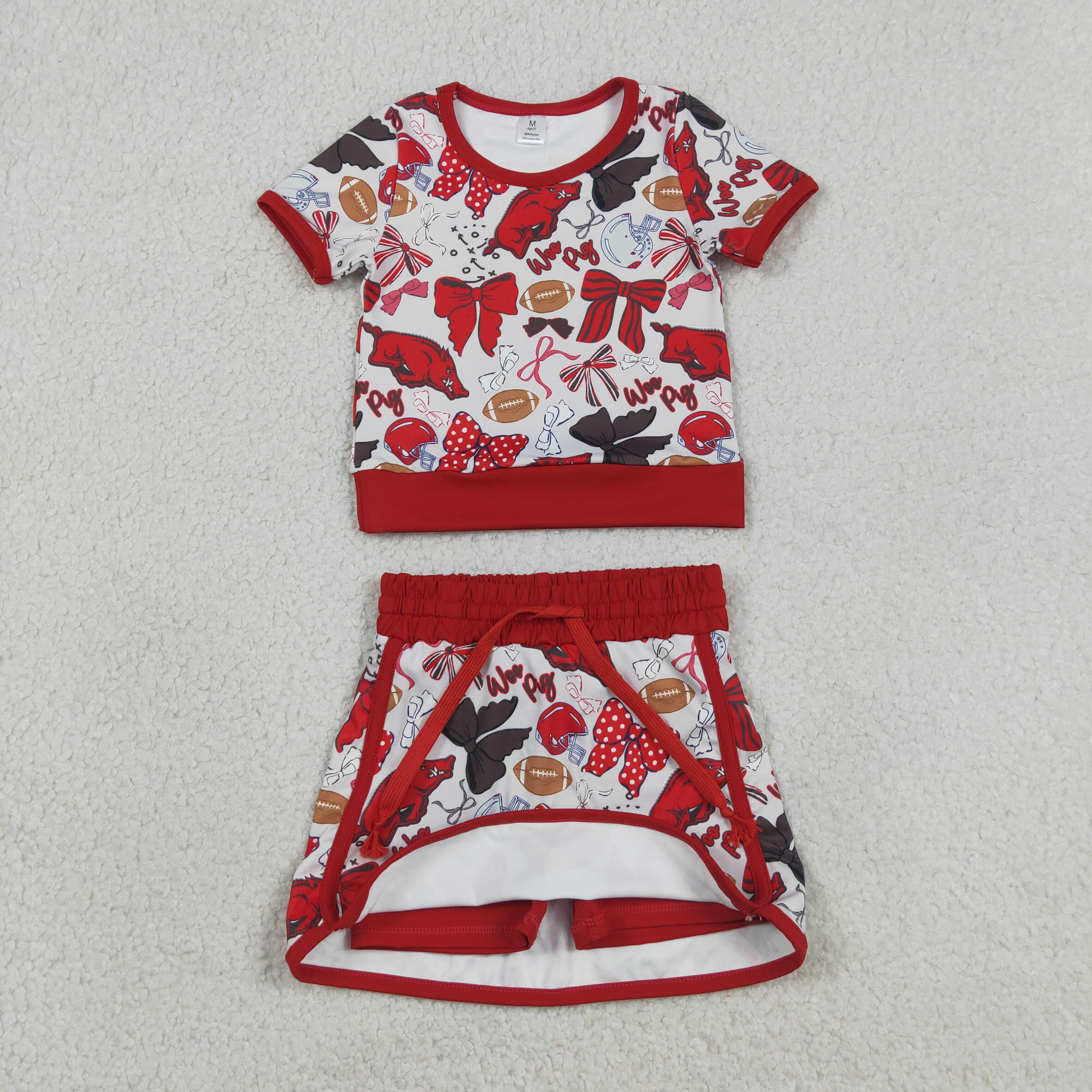 GSD3696  RTS Red  bows team baseball girl yoga short sleeve skirt set