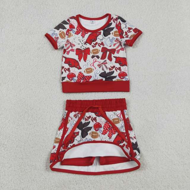 GSD3696  RTS Red  bows team baseball girl yoga short sleeve skirt set