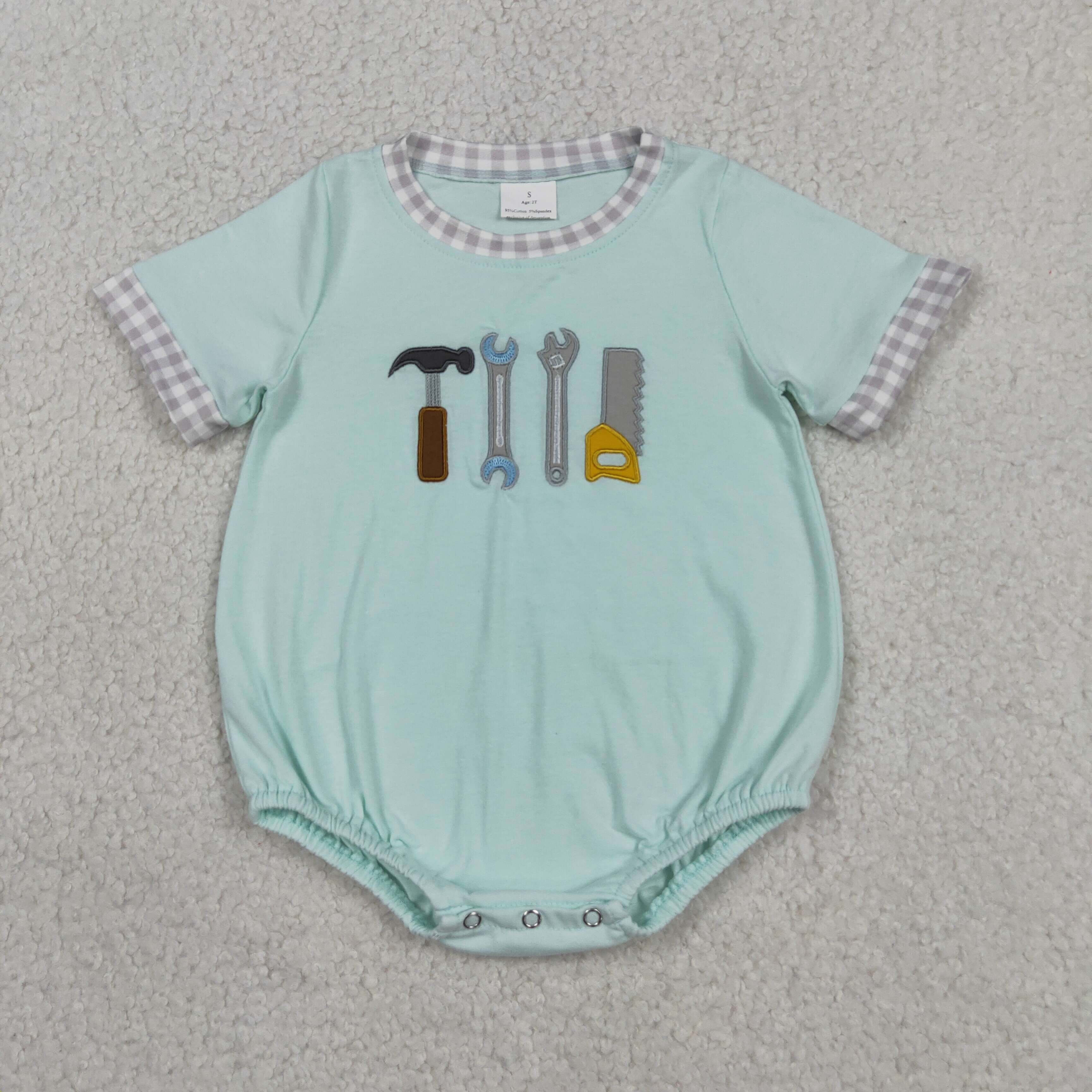 SR3541  Baby light green tool embroidery print short sleeve Rompers