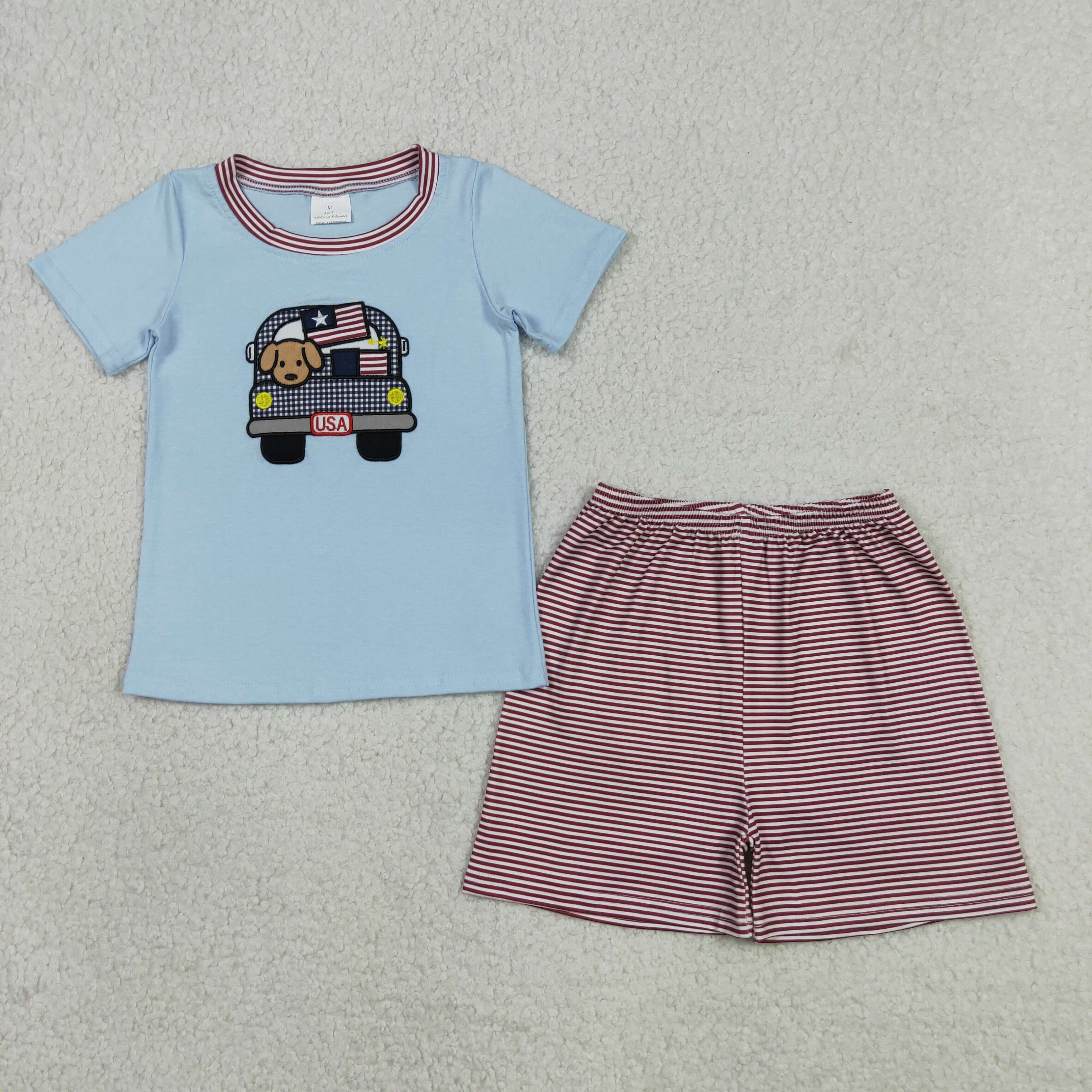 BSSO1918 RTS Blue cars 4TH of july embroidery short sleeve boy outfits