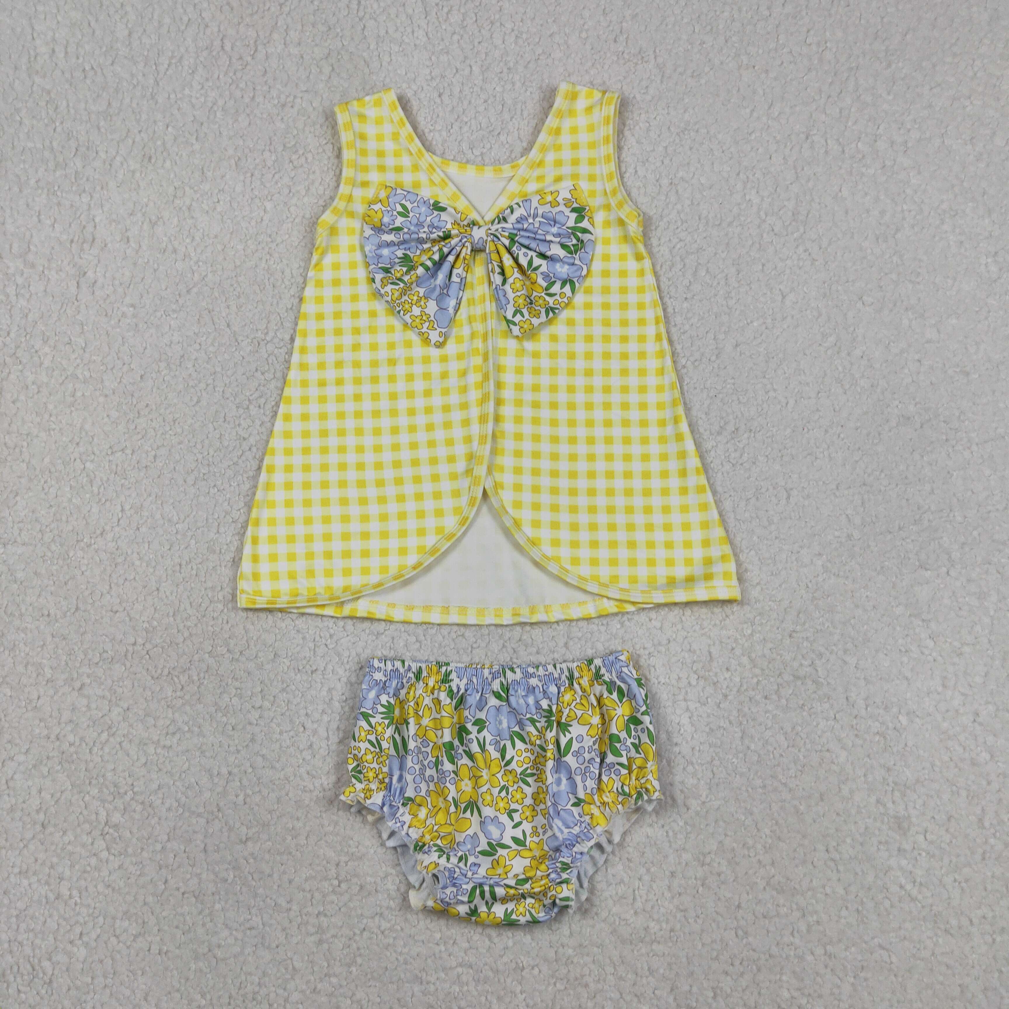 GBO0504 RTS Girl flowers Yellow plaid print sleeveless girl bummies