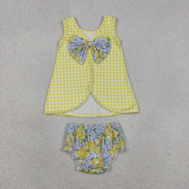 GBO0504 RTS Girl flowers Yellow plaid print sleeveless girl bummies