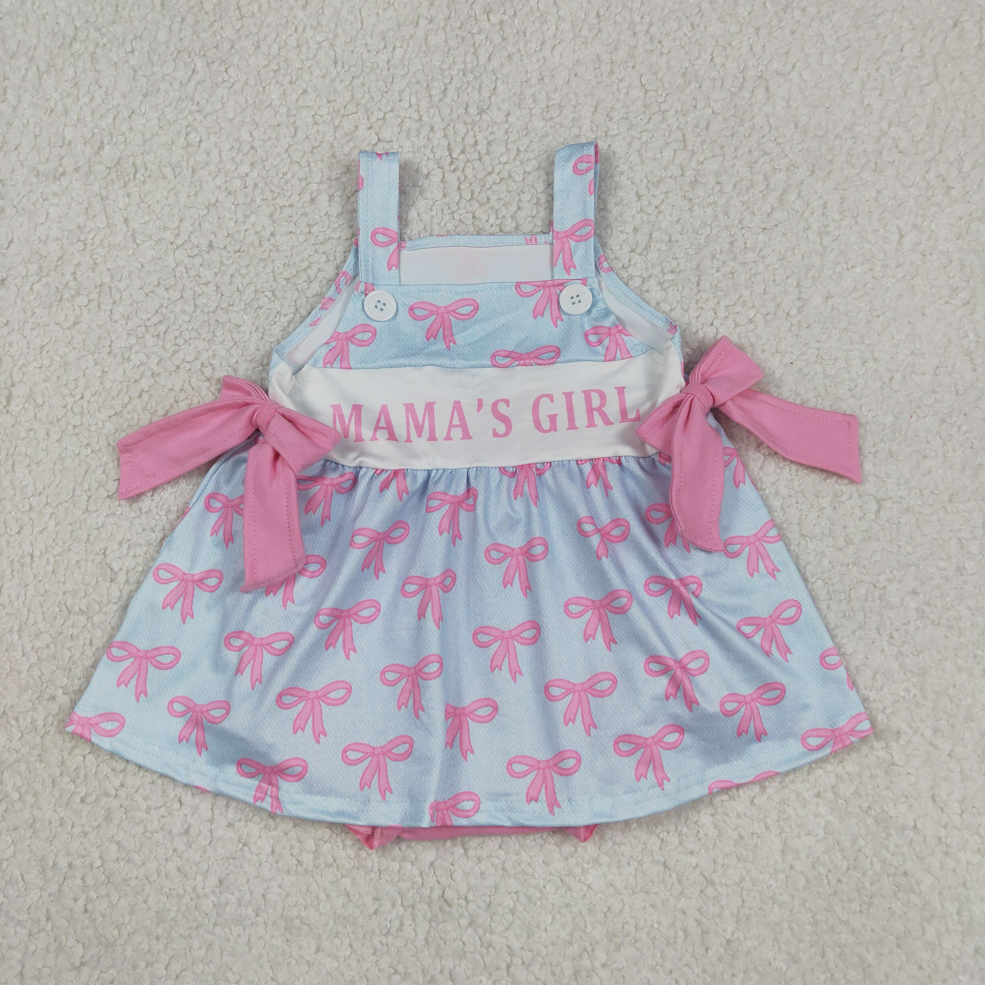 SR3426 Mama's Girl Bow Pattern Pink and Blue Spaghetti Strap Romper