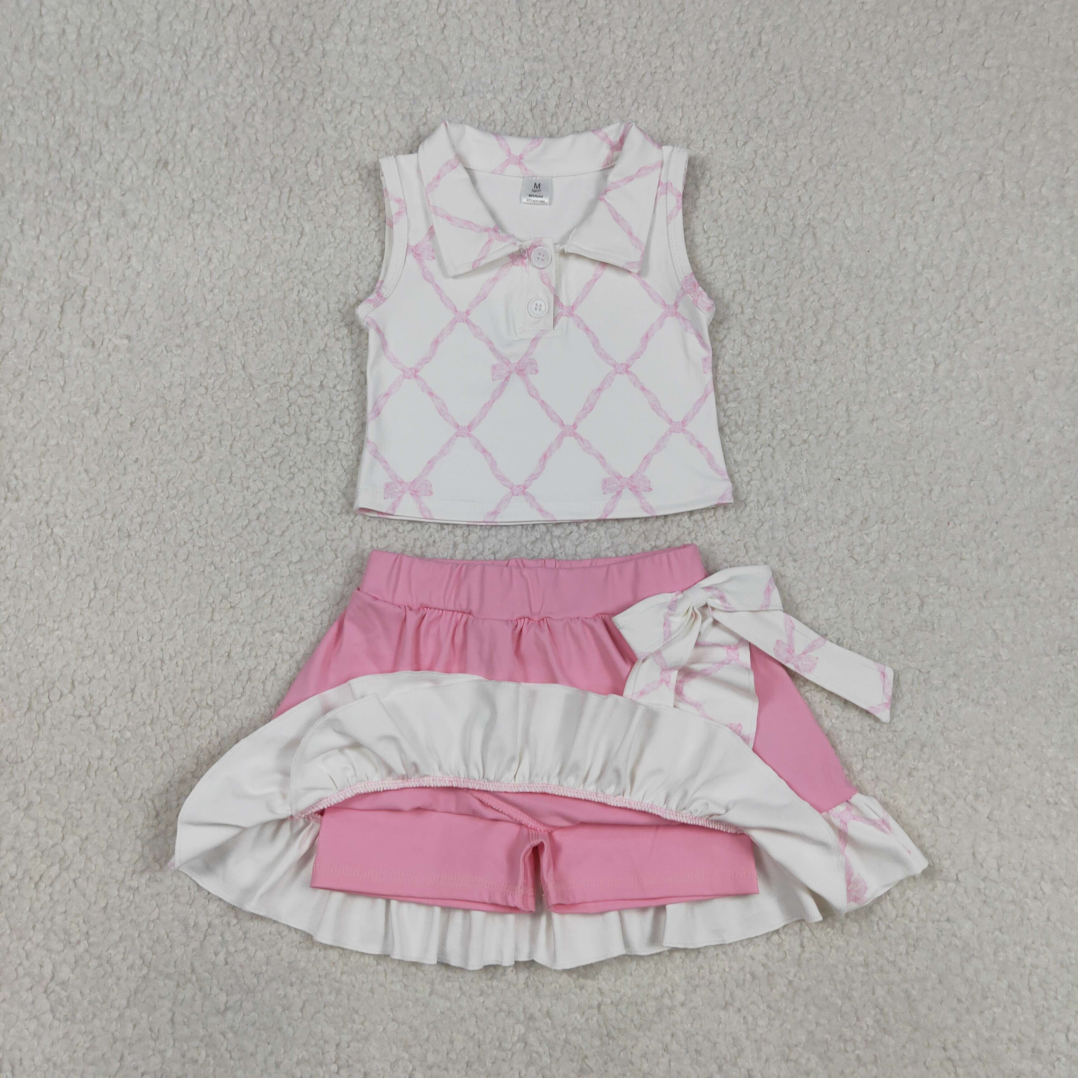 GSD3479  RTS Pink bows plaid print  girl yoga sleeveless skirt set