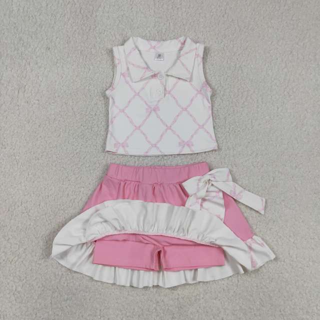 GSD3479  RTS Pink bows plaid print  girl yoga sleeveless skirt set