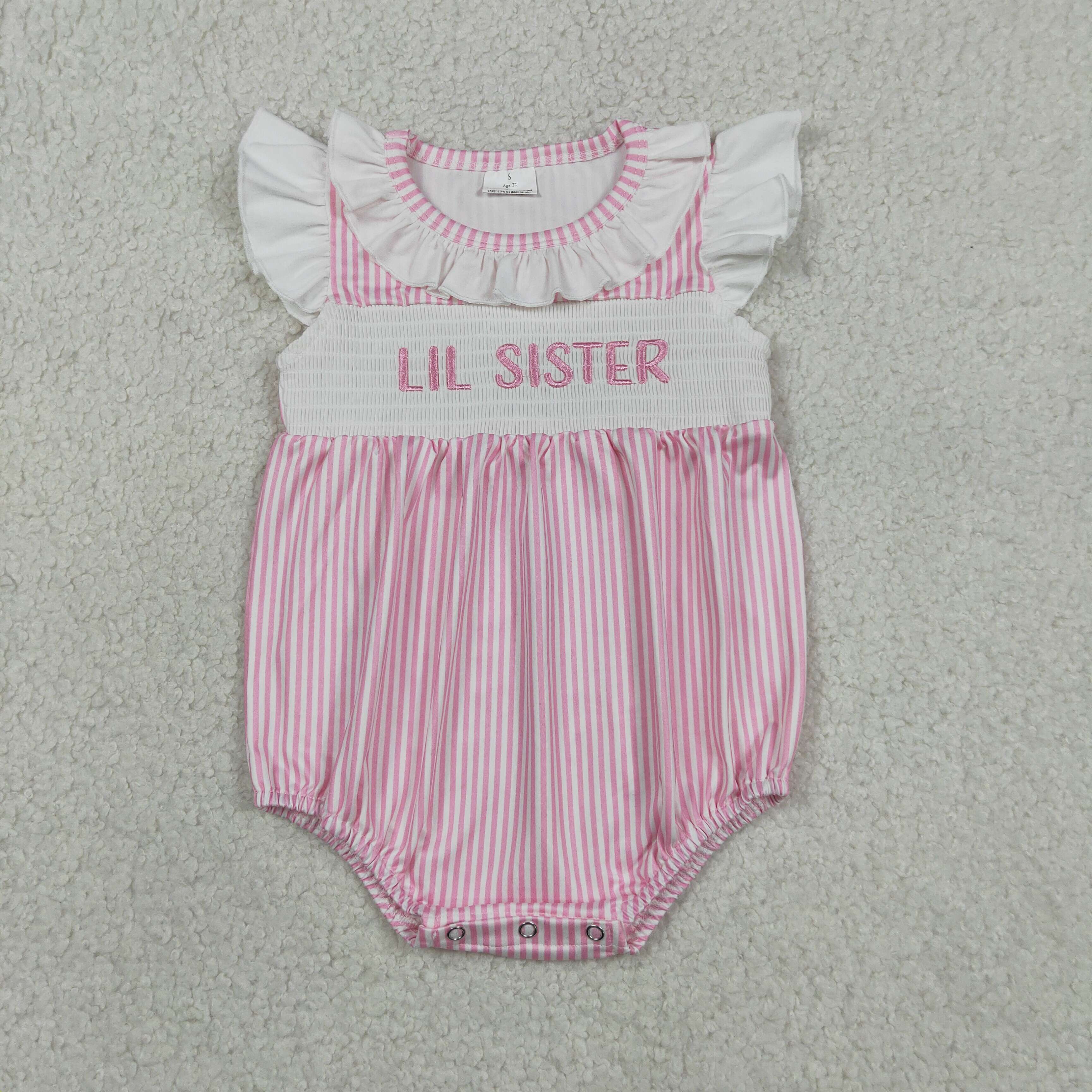 SR3593 RTS Girl Pink Stripe LIL SISTER smock sleeve baby romper