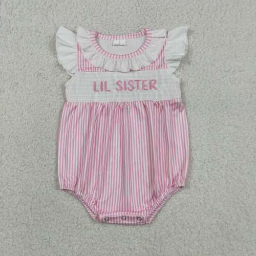 SR3593 RTS Girl Pink Stripe LIL SISTER smock sleeve baby romper