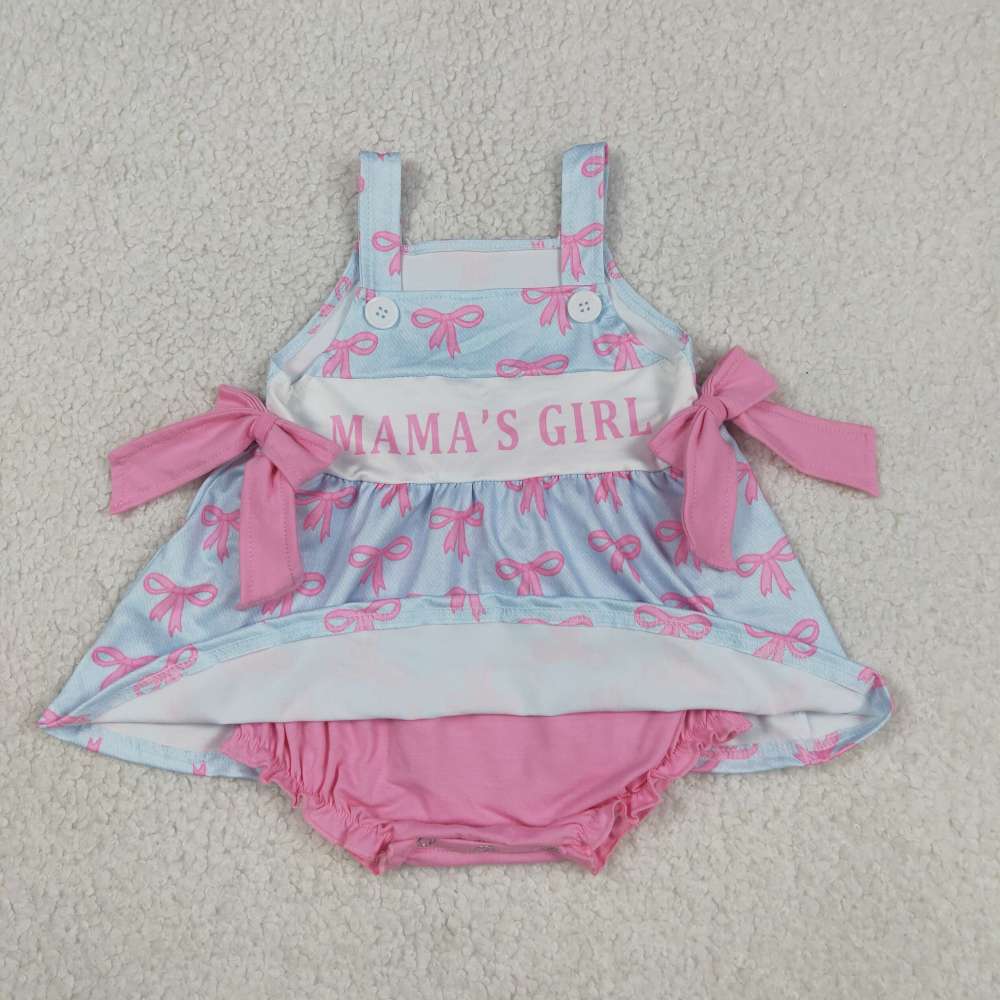 SR3426 Mama's Girl Bow Pattern Pink and Blue Spaghetti Strap Romper