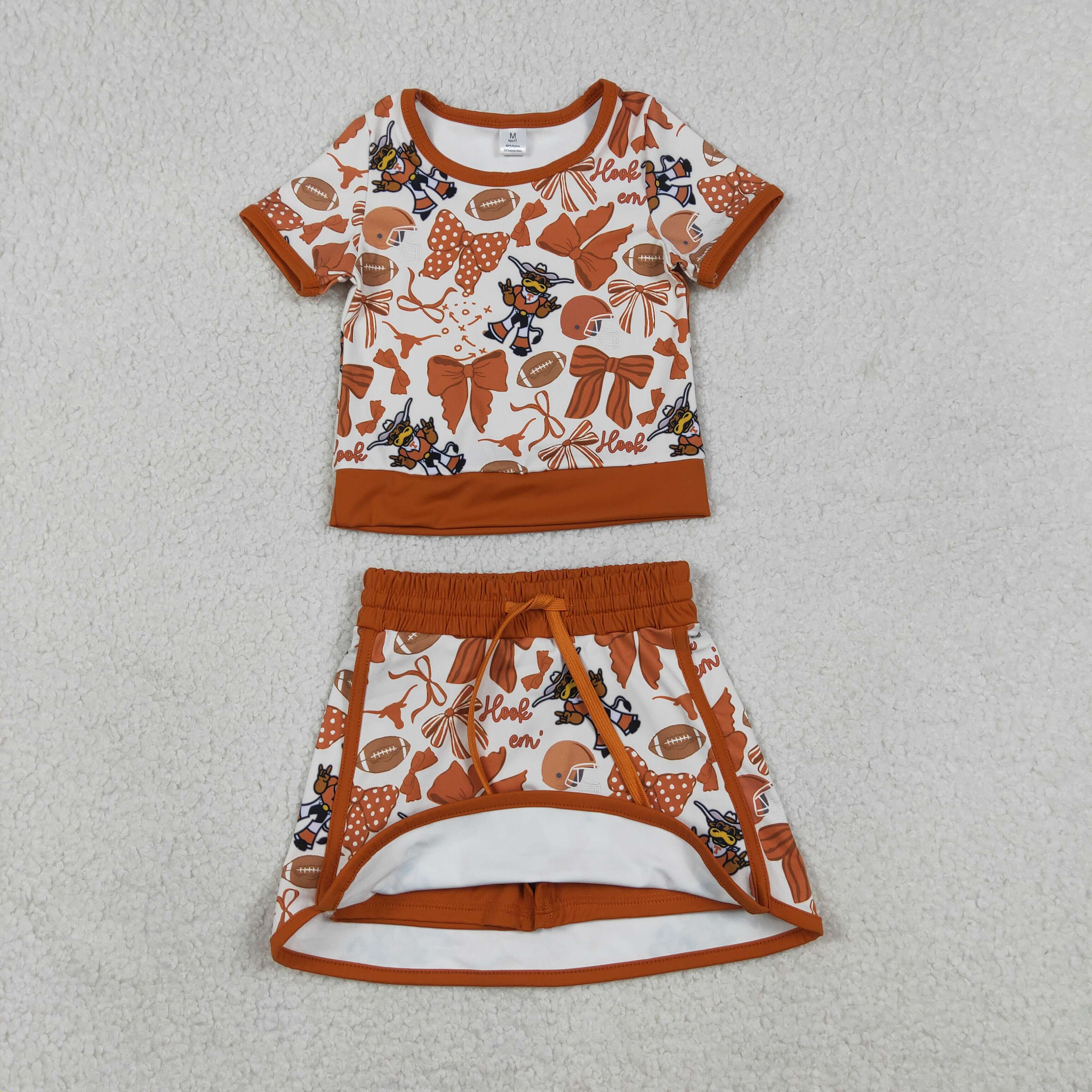 GSD3697 RTS orange bows team baseball girl yoga short sleeve skirt set