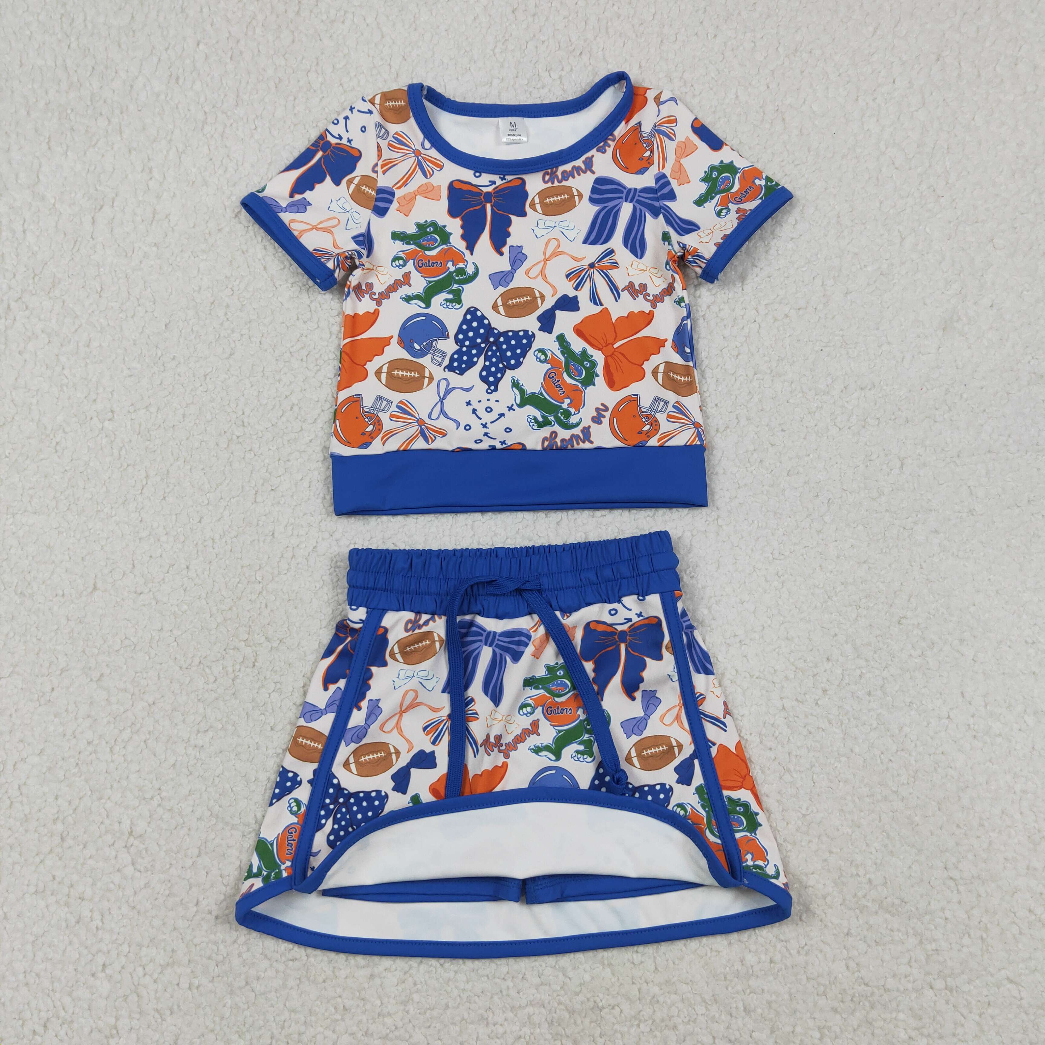 GSD3698  RTS blue bows team baseball girl yoga short sleeve skirt set