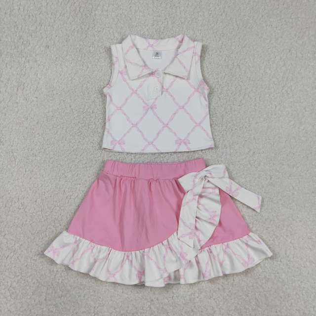 GSD3479  RTS Pink bows plaid print  girl yoga sleeveless skirt set