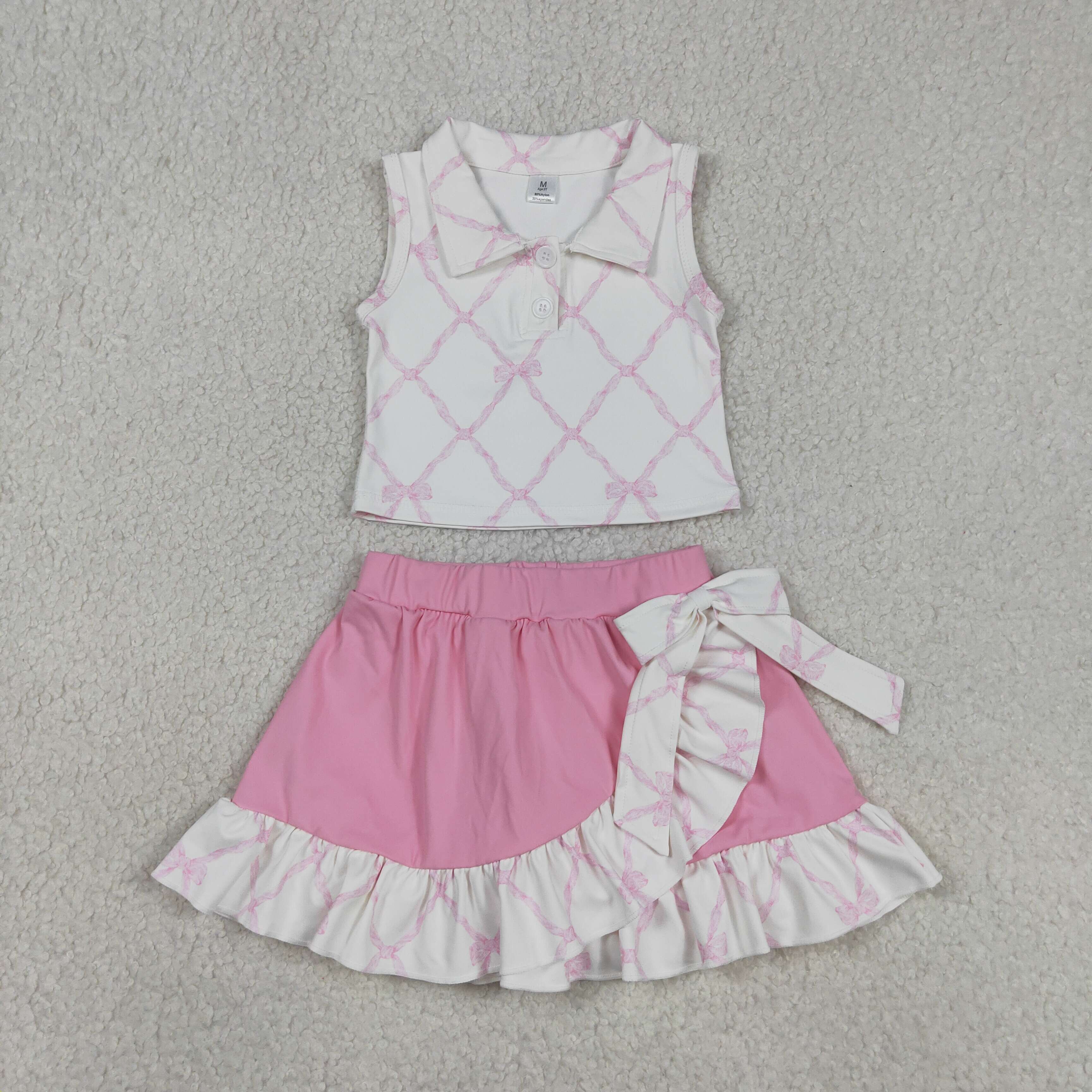 GSD3479  RTS Pink bows plaid print  girl yoga sleeveless skirt set