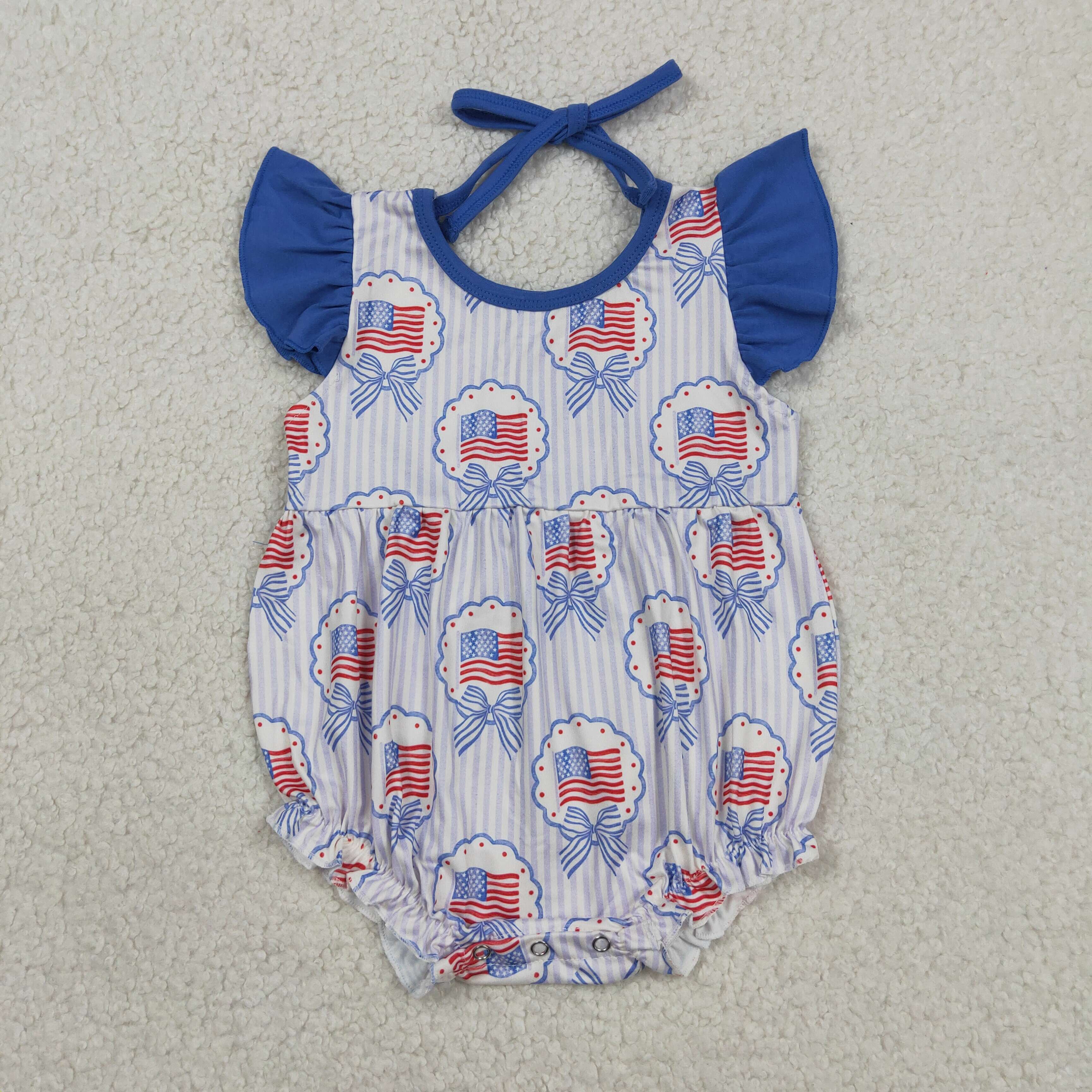 SR4029 Baby 4th of july stripe print flying sleeve Rompers