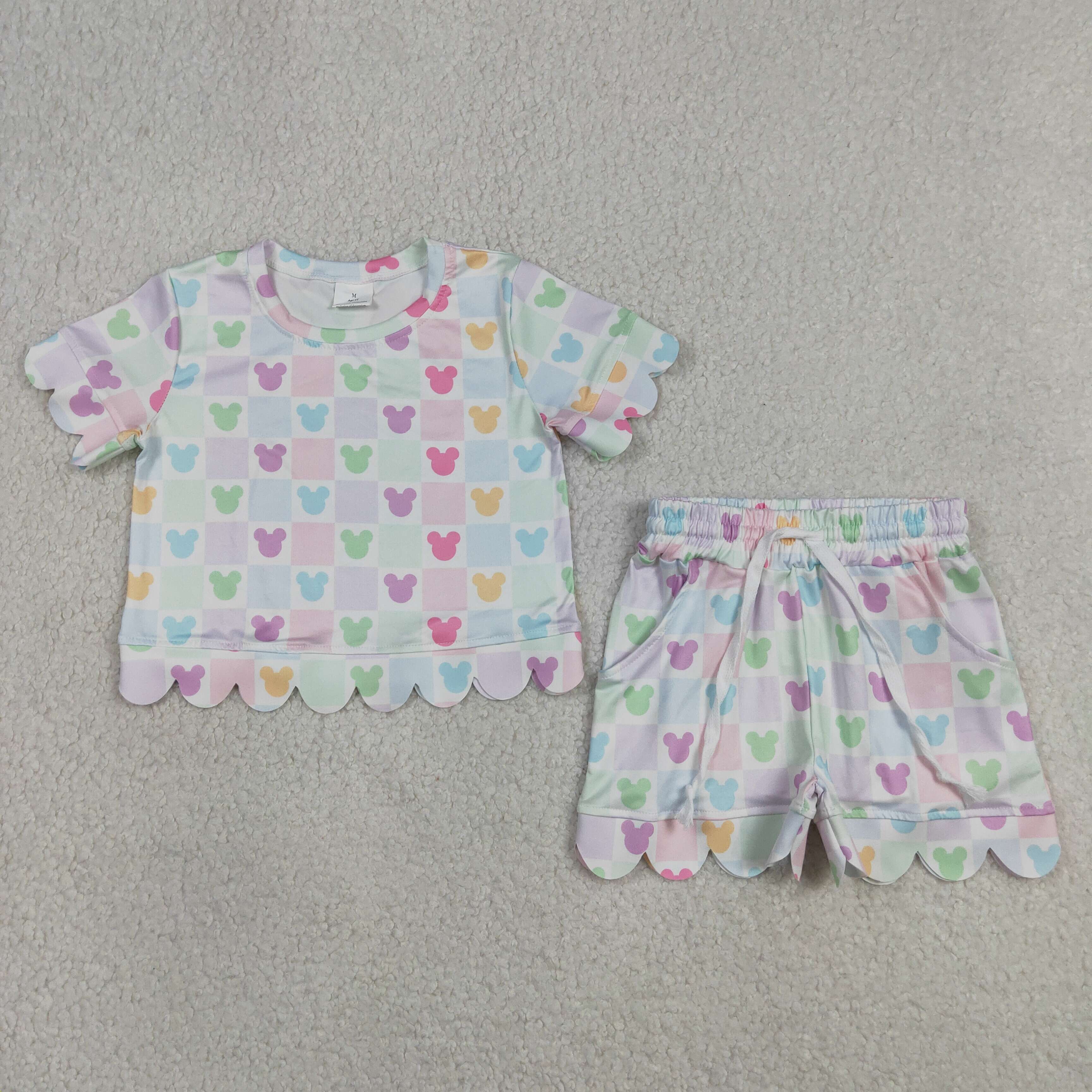 GSSO3496  Colorful minkey plaid print Print Short sleeve girl  SCALLOP  outfits