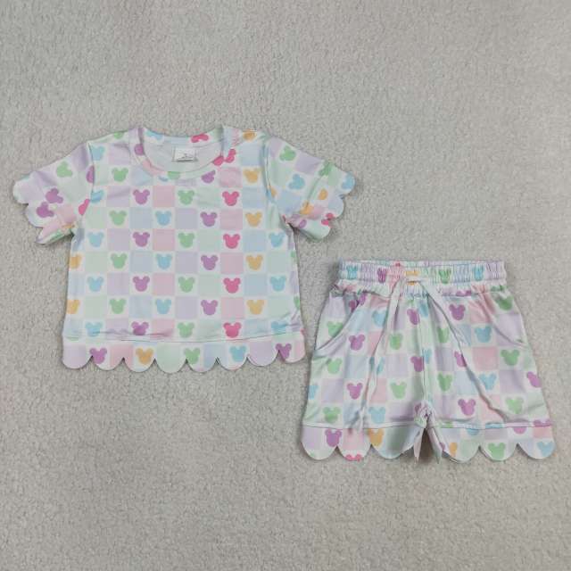 GSSO3496  Colorful minkey plaid print Print Short sleeve girl  SCALLOP  outfits