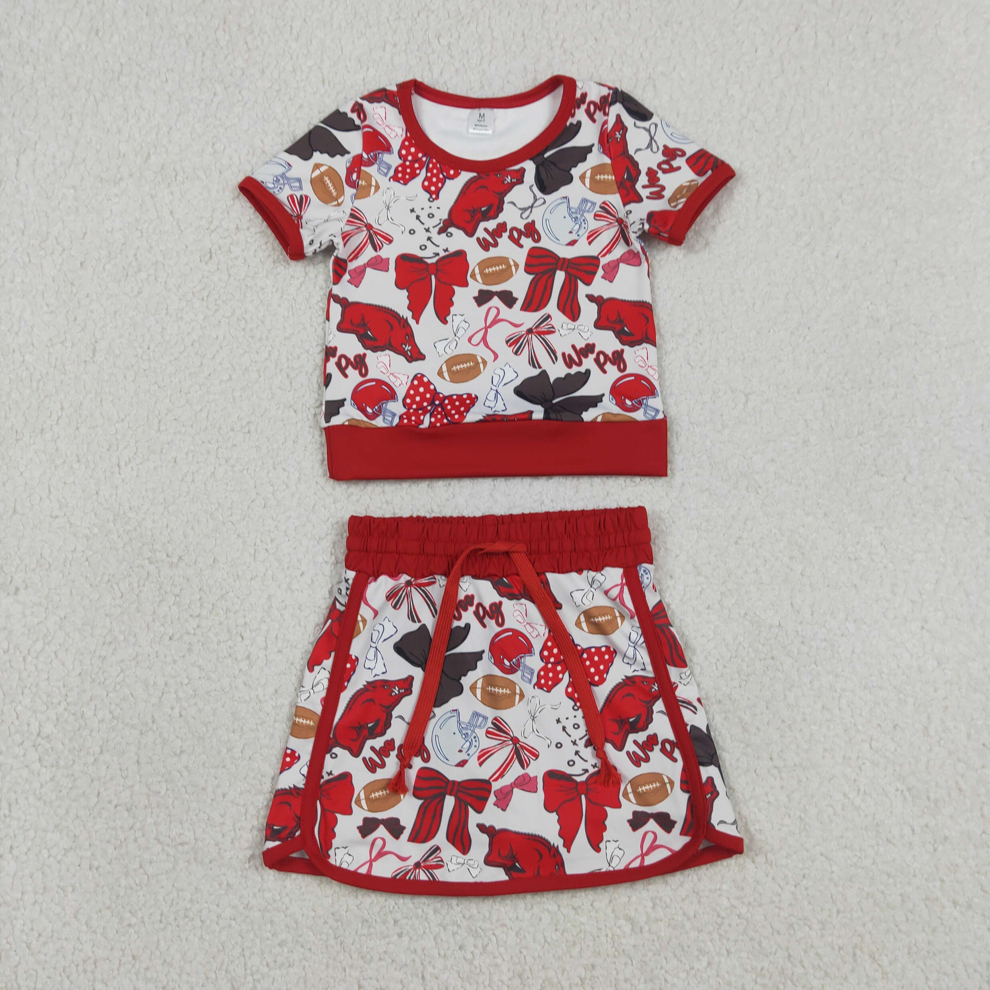 GSD3696  RTS Red  bows team baseball girl yoga short sleeve skirt set