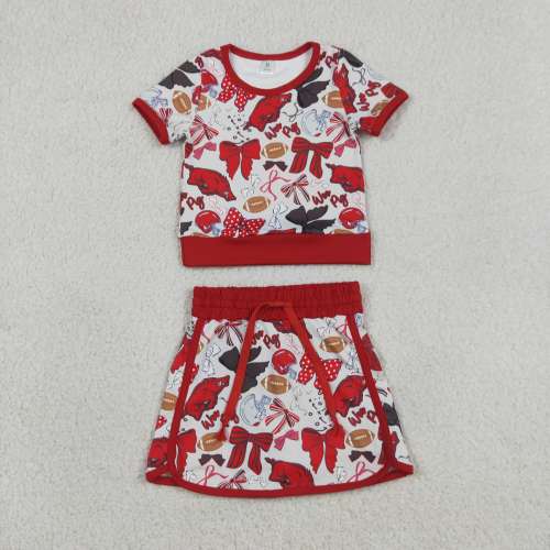 GSD3696  RTS Red  bows team baseball girl yoga short sleeve skirt set