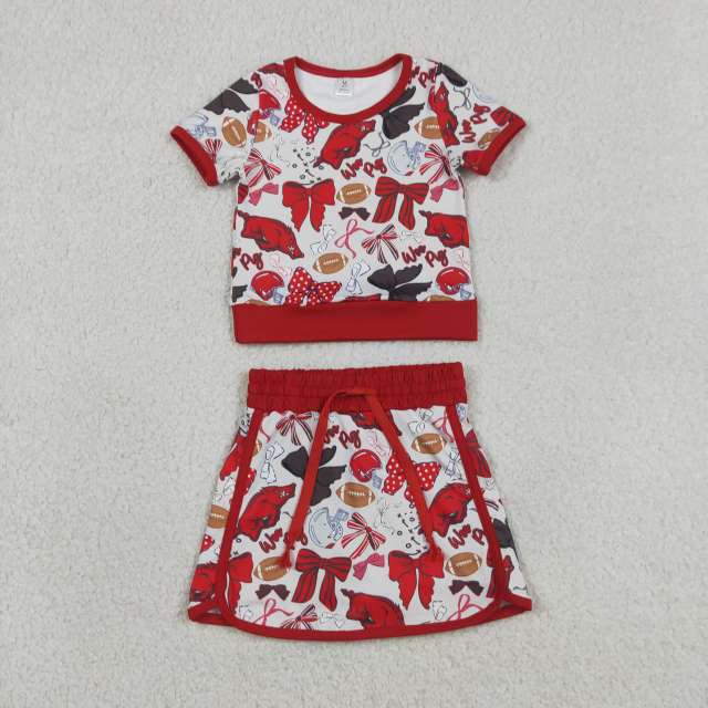 GSD3696  RTS Red  bows team baseball girl yoga short sleeve skirt set