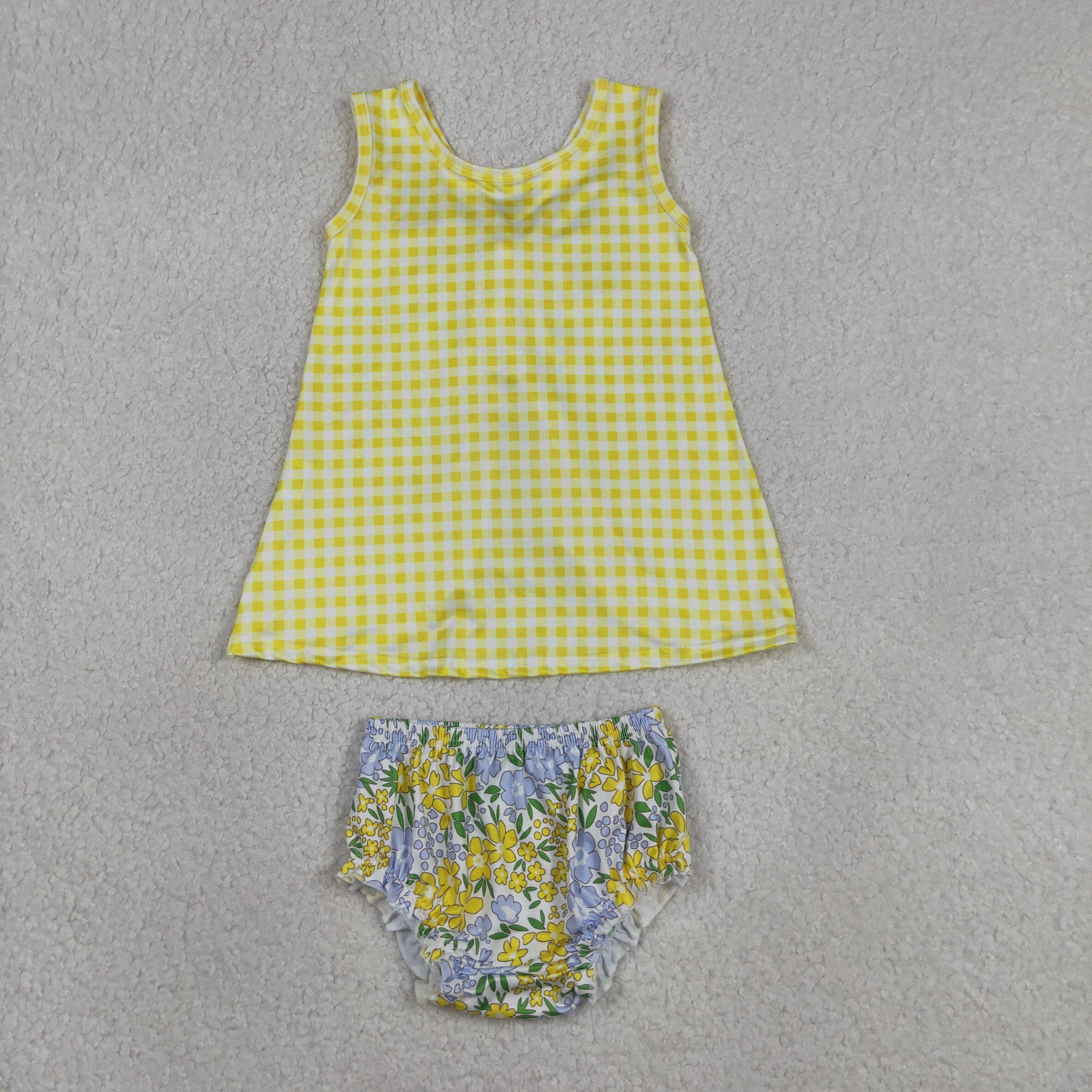 GBO0504 RTS Girl flowers Yellow plaid print sleeveless girl bummies