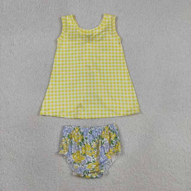 GBO0504 RTS Girl flowers Yellow plaid print sleeveless girl bummies