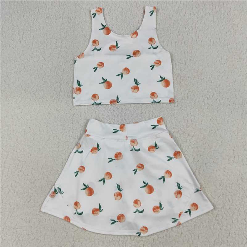 GSD2738 RT Peach leaves print girl yoga short sleeve skirt set