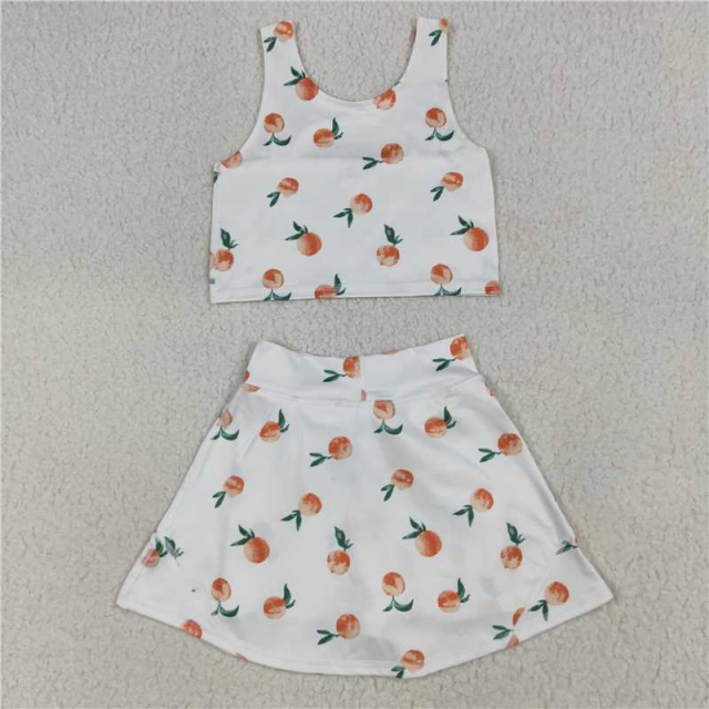 GSD2738 RT Peach leaves print girl yoga short sleeve skirt set