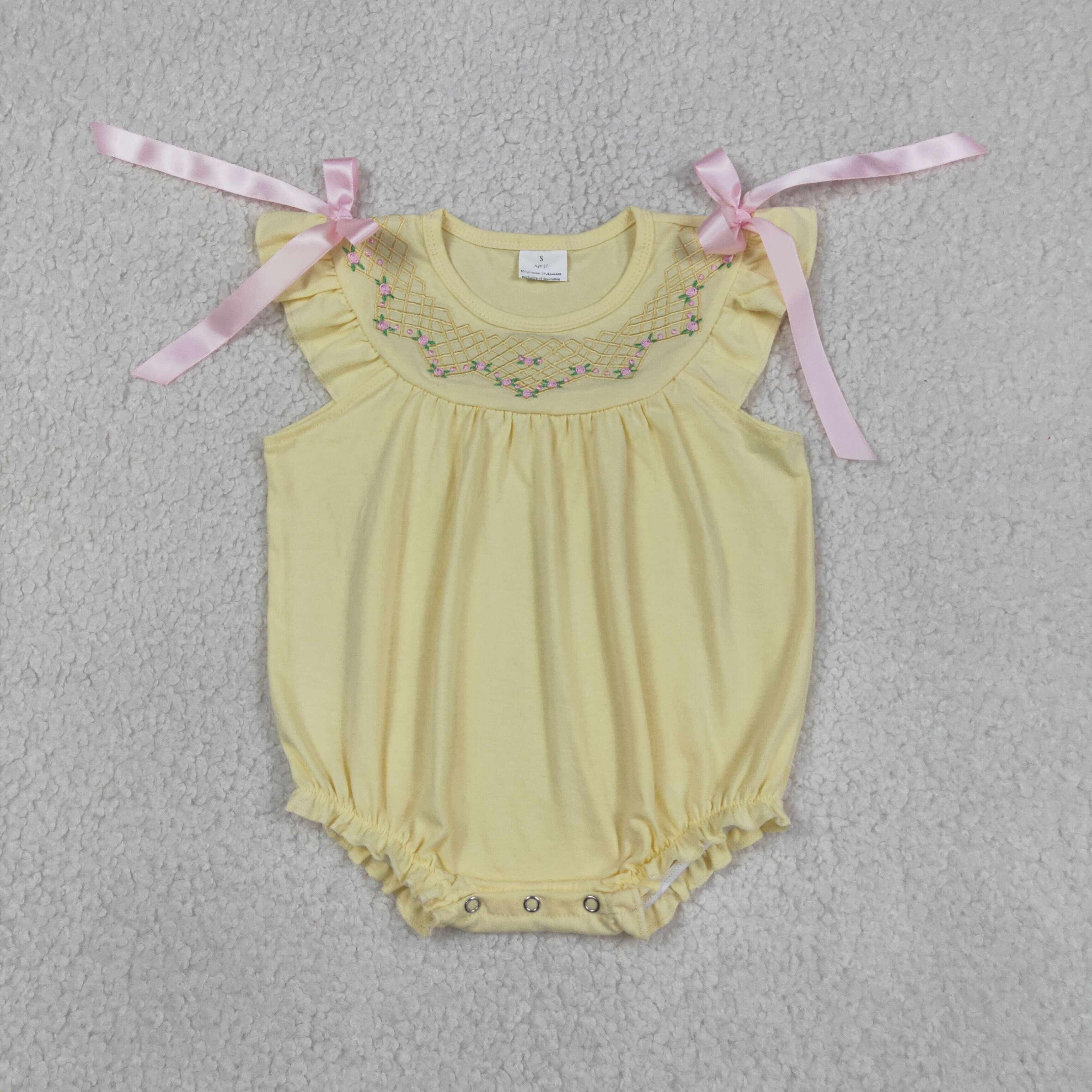 SR3561 Baby yellow solid embroidery print flying sleeve Rompers