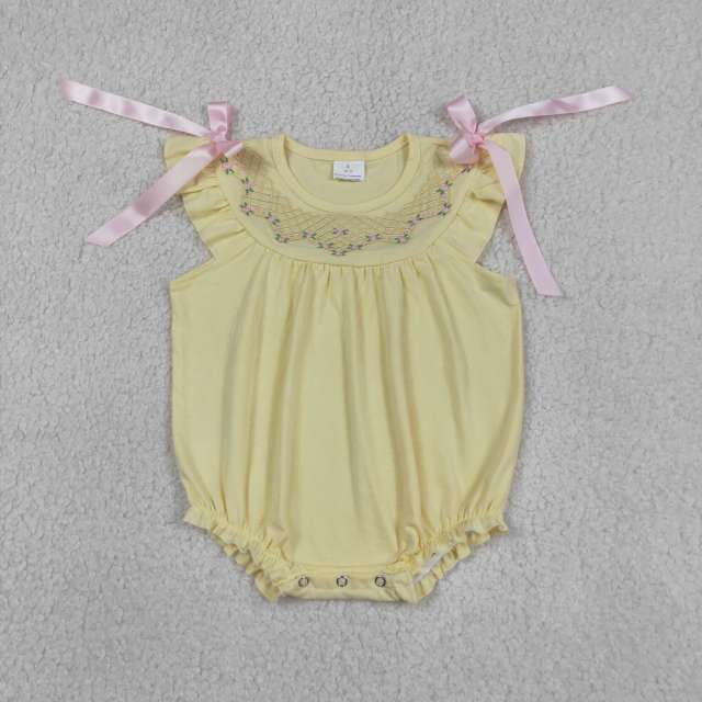 SR3561 Baby yellow solid embroidery print flying sleeve Rompers