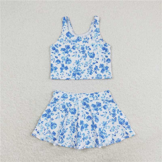 GSD0995 RTS blue  flowers leaves  girl sleeveless skirt set