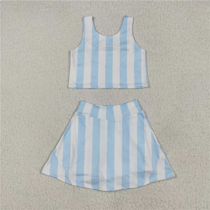 GSD2433  RTS blue white stripe girl yoga short sleeve skirt set
