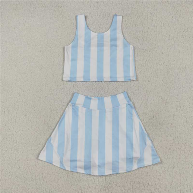GSD2433  RTS blue white stripe girl yoga short sleeve skirt set