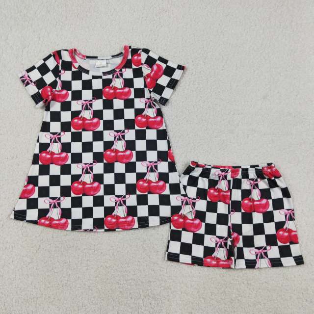 GSSO3075 black white plaid cherry Print short sleeve girl outfits