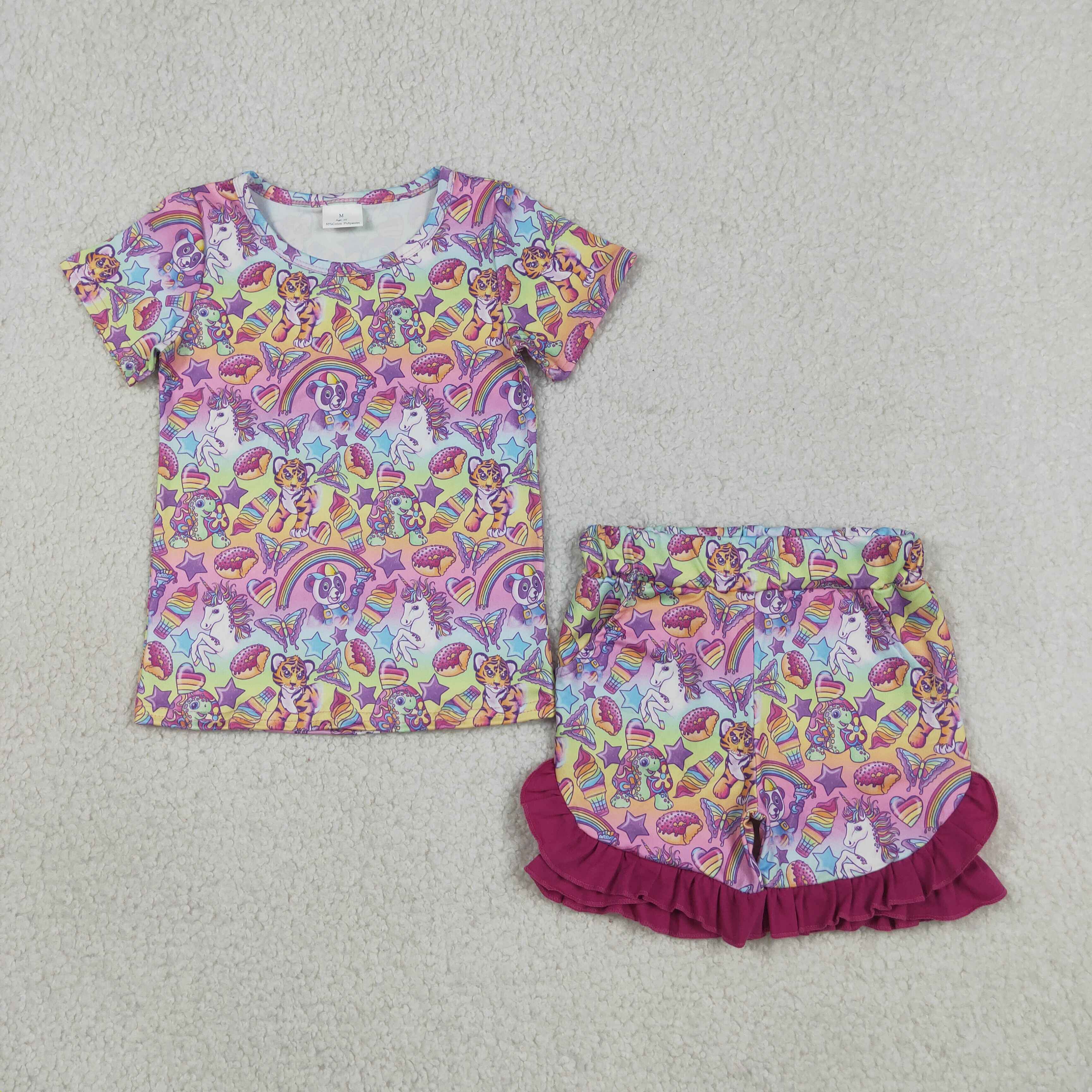 GSSO3472 unicorn rainbow Print short sleeve girl outfits