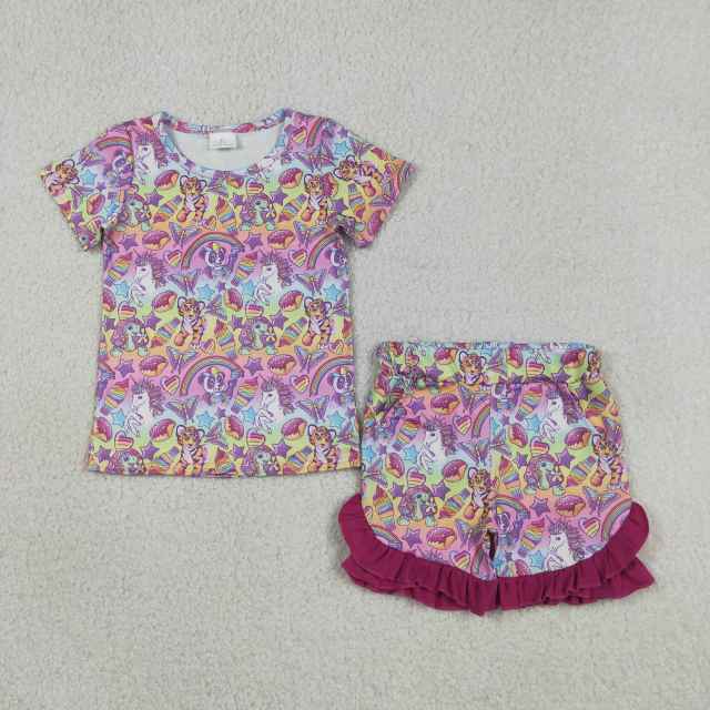 GSSO3472 unicorn rainbow Print short sleeve girl outfits