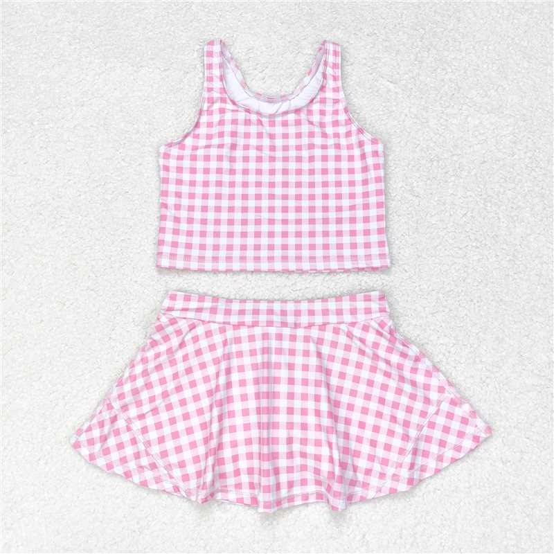 GSD0992 RTS Pink plaid girl sleeveless skirt set