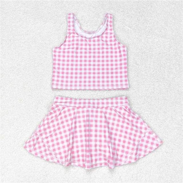 GSD0992 RTS Pink plaid girl sleeveless skirt set