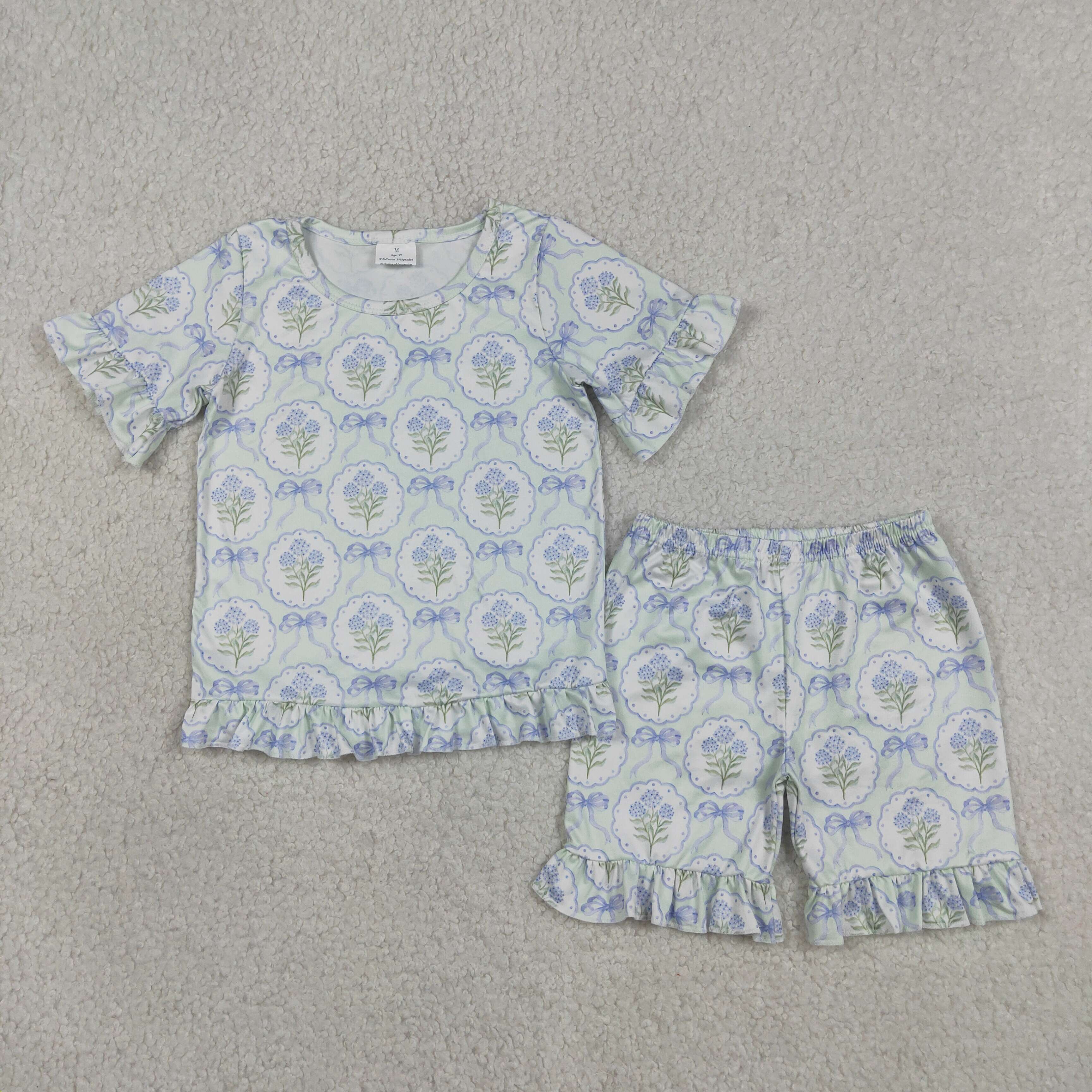 GSSO3323 Blue flowers Print short sleeve girl outfits