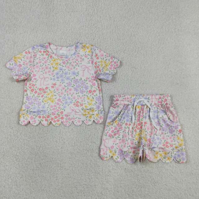 GSSO3270 Colorful flowers bows Print Short sleeve girl  SCALLOP  outfits
