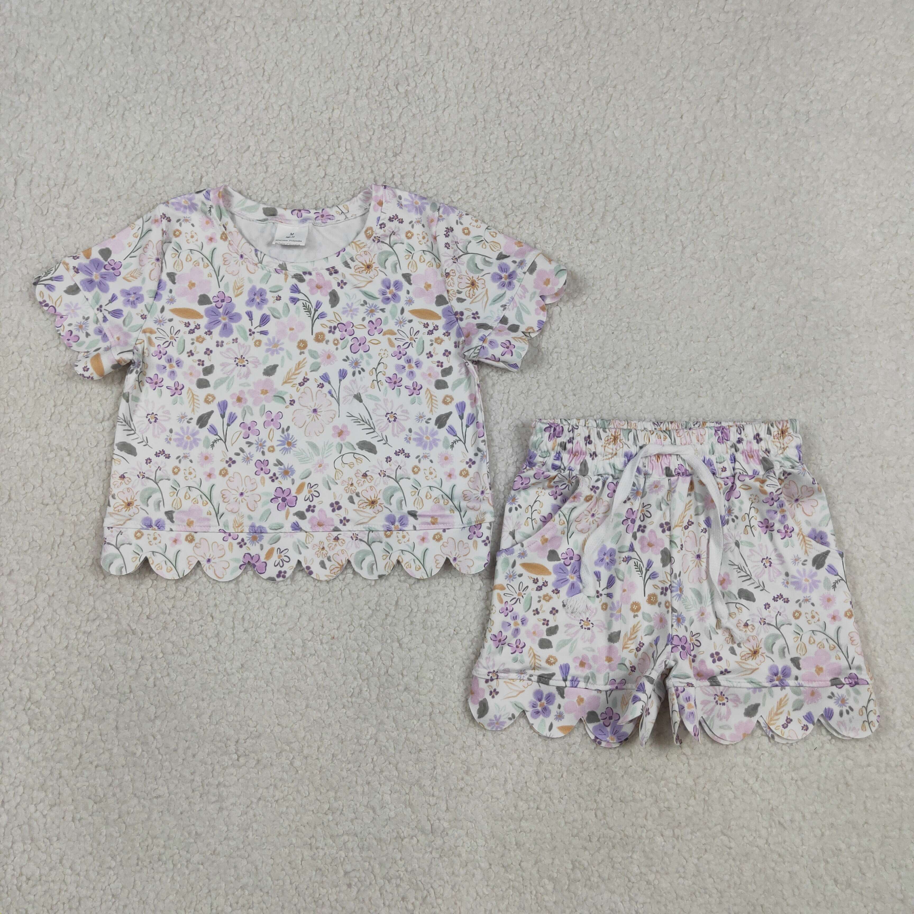 GSSO3267 purple flowers bows Print Short sleeve girl  SCALLOP  outfits