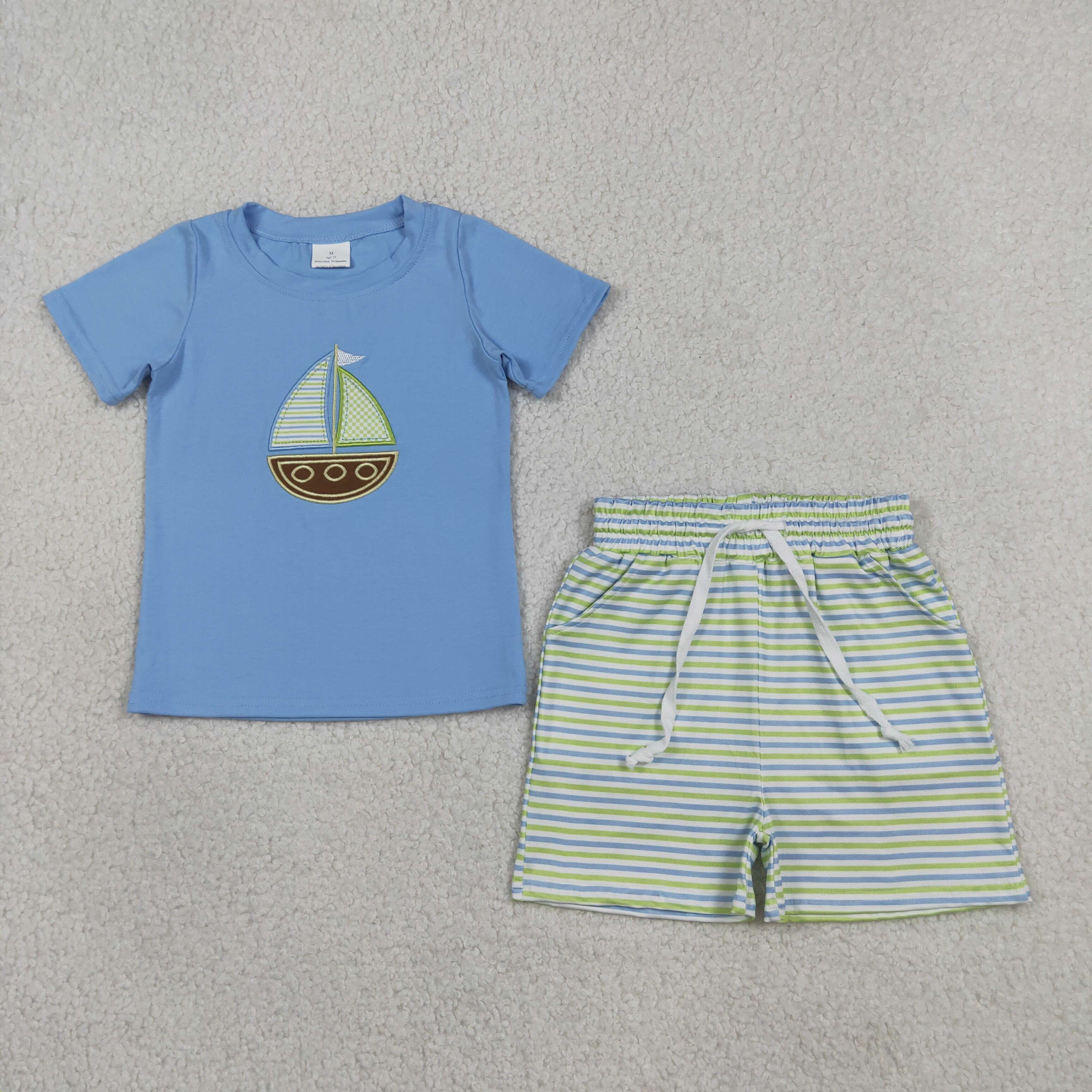 BSSO1860 RTS Blue boat  embroidery short sleeve boy outfits